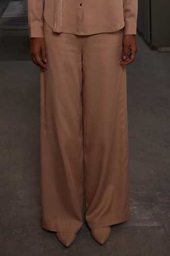 Shahin Mannan_Beige Tencel Flared Pant _Online_at_Aza_Fashions