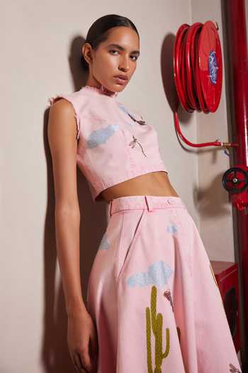 Buy_Shahin Mannan_Pink Denim High Neck Cactus Crop Top With Tiered Skirt _Online_at_Aza_Fashions