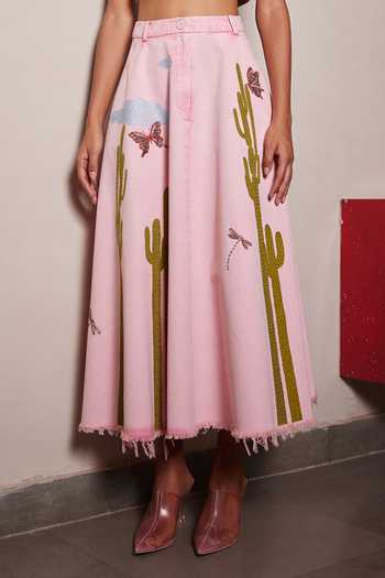 Shahin Mannan Pink Denim Embroidered Skirt Online at Aza Fashions Shahin Mannan_Pink Denim Embroidered Skirt _Online_at_Aza_Fashions