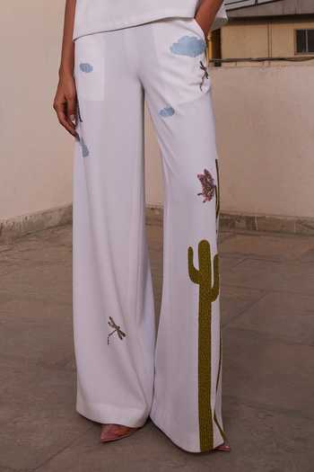 Buy Shahin Mannan Ivory Crepe Round Neck Cactus Elasticated Top With Pant Online at Aza Fashions Buy_Shahin Mannan_Ivory Crepe Round Neck Cactus Elasticated Top With Pant _Online_at_Aza_Fashions