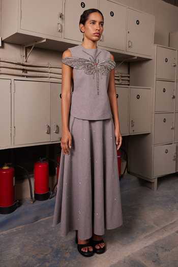 Shahin Mannan Grey Embroidery, Sequins, Stones High Neck Insect Overlay Style Top Online at Aza Fashions Shahin Mannan_Grey Embroidery, Sequins, Stones High Neck Insect Overlay Style Top _Online_at_Aza_Fashions