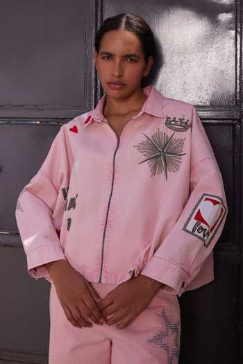 Buy Shahin Mannan Pink Denim Collared Neck Heart And Crown Shacket With Pant Online at Aza Fashions Buy_Shahin Mannan_Pink Denim Collared Neck Heart And Crown Shacket With Pant _Online_at_Aza_Fashions