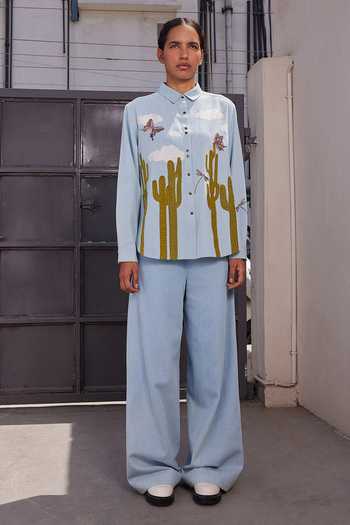Shahin Mannan_Blue Denim Collared Neck Cactus High Low Shirt _Online_at_Aza_Fashions