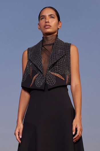 Shahin Mannan_Black Crepe Collared Neck Fish In The Net Jacket And Skirt _Online_at_Aza_Fashions