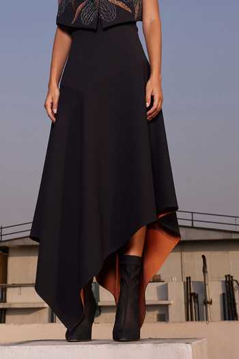Buy_Shahin Mannan_Black Crepe Collared Neck Fish In The Net Jacket And Skirt _Online_at_Aza_Fashions