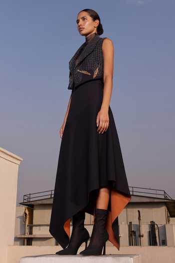Shop_Shahin Mannan_Black Crepe Asymmetric Skirt _Online_at_Aza_Fashions
