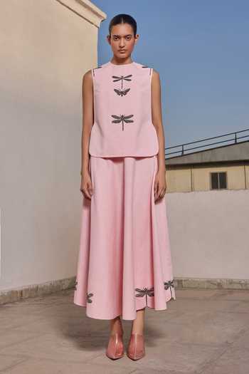 Shahin Mannan Dragonfly In Line Twill Denim Overlay & Skirt Set 