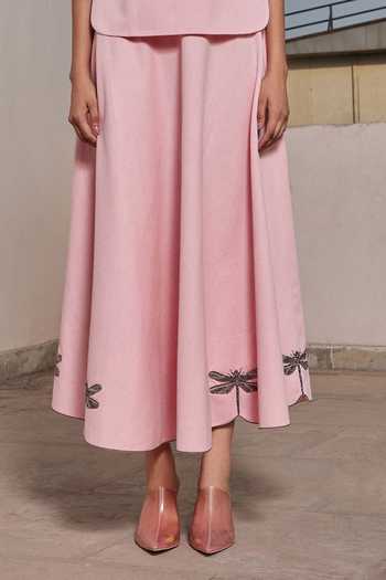 Shahin Mannan_Pink Denim Dragonfly Embroidered Circular Skirt _Online_at_Aza_Fashions
