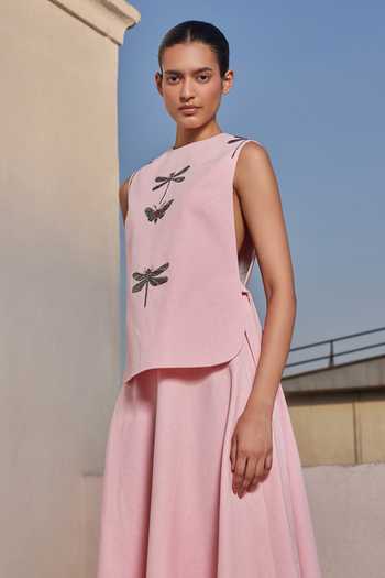 Buy_Shahin Mannan_Pink Denim Dragonfly Embroidered Circular Skirt _Online_at_Aza_Fashions