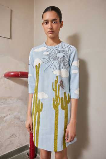 Shahin Mannan Blue Denim Round Neck Cactus Mini Dress Online at Aza Fashions Shahin Mannan_Blue Denim Round Neck Cactus Mini Dress _Online_at_Aza_Fashions