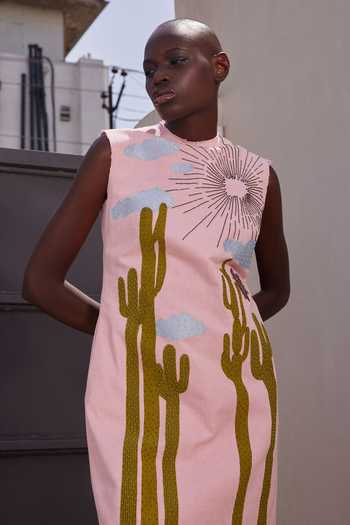 Shahin Mannan_Pink Denim, Twill High Neck Cactus Sleeveless Mini Dress _Online_at_Aza_Fashions