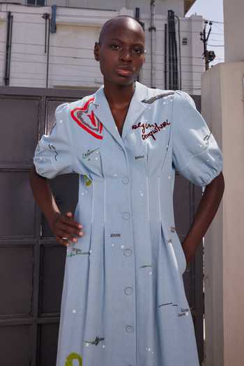 Shahin Mannan_Blue Denim V-, Collared Art And Words Waist Pleated Dress _Online_at_Aza_Fashions