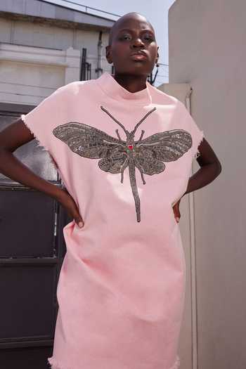 Buy_Shahin Mannan_Pink Denim High Neck Insect Oversized T-shirt With Pant _Online_at_Aza_Fashions