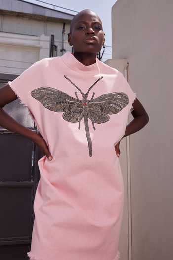 Shahin Mannan_Pink Denim, Twill High Neck Insect Oversized T-shirt _Online_at_Aza_Fashions