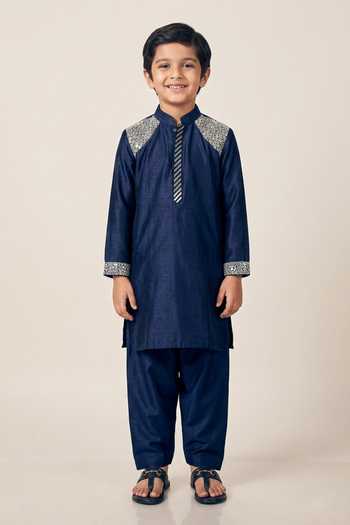 Kaaj Button X AZA Leather Patchwork Kurta Set For Kids