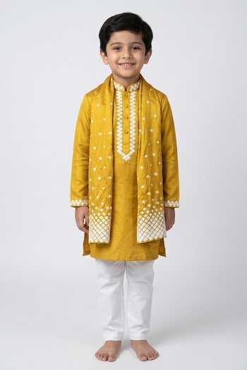 Kaaj Button X AZA Geometric Embroidered Mustard Kurta Set For Kids