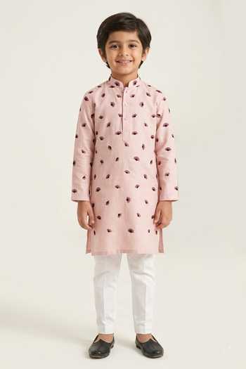 Buy Kaaj Button X AZA Pink Chanderi Silk Embroidery Floral Kurta Set For Kids at Aza Fashions Buy_Kaaj Button X AZA_Pink Chanderi Silk Embroidery Floral Kurta Set For Kids_at_Aza_Fashions