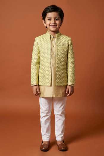 Kaaj Button X AZA Geometric Pattern Chanderi Silk Set For Kids