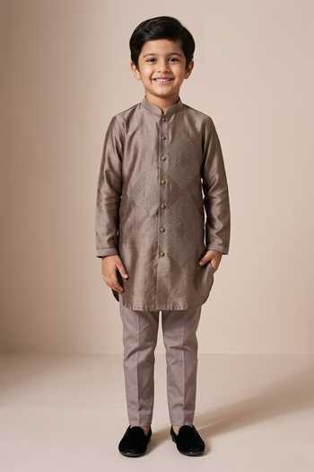 Kaaj Button X AZA Mosaic Grey Embroidered Kurta Set For Kids
