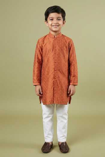 Kaaj Button X AZA Rust Thread Embroidered Kurta & Pant Set For Kids