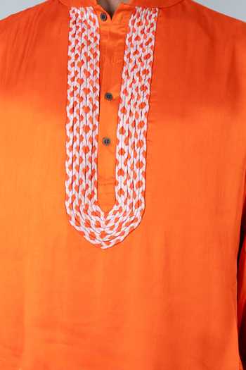 Neora By Nehal Chopra_Orange Bemberg Modal Silk, Lining Butter Crepe Placket Kurta With Pyjama For Kids_Online_at_Aza_Fashions