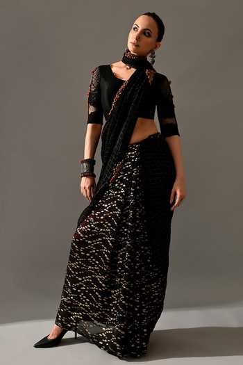 Shop_Medha_Black Georgette Embroidery Round Neck Textured Cocktail Saree With Blouse 