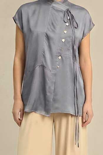Neora By Nehal Chopra_Grey Steel Crew Neck Top For Kids_Online_at_Aza_Fashions