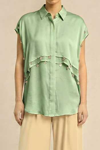 Neora By Nehal Chopra_Green Ash Coin Flap Shirt For Kids_Online_at_Aza_Fashions