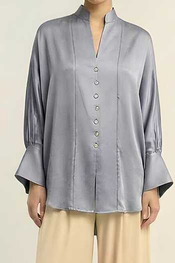 Neora By Nehal Chopra_Grey Steel Shirt For Kids_Online_at_Aza_Fashions