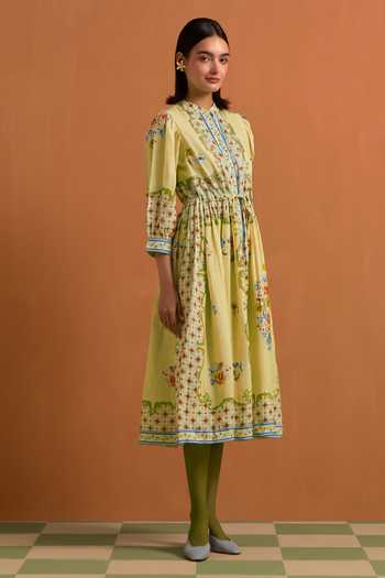 POZRUH_Yellow Hemp Crew Neck Verdant Embroidered String Dress _Online_at_Aza_Fashions