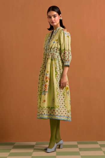 Buy_POZRUH_Yellow Hemp Crew Neck Verdant Embroidered String Dress _Online_at_Aza_Fashions
