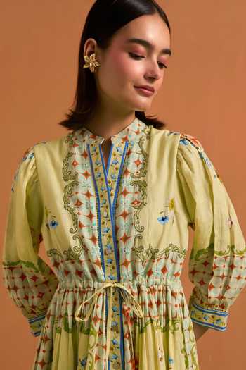Shop_POZRUH_Yellow Hemp Crew Neck Verdant Embroidered String Dress _Online_at_Aza_Fashions