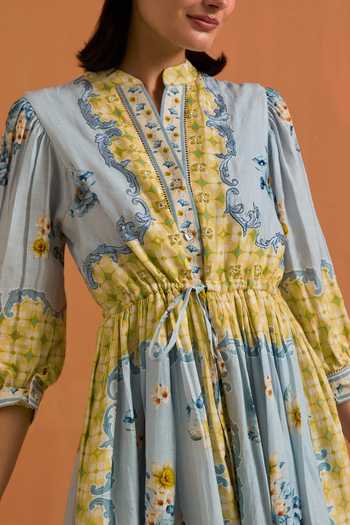 POZRUH_Sky Blue Hemp Crew Neck Verdant Hand Embroidered String Dress _Online_at_Aza_Fashions