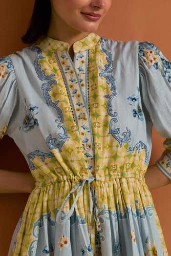 Buy_POZRUH_Sky Blue Hemp Crew Neck Verdant Hand Embroidered String Dress _Online_at_Aza_Fashions