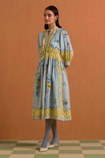 Shop_POZRUH_Sky Blue Hemp Crew Neck Verdant Hand Embroidered String Dress _Online_at_Aza_Fashions