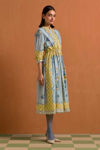 POZRUH_Sky Blue Hemp Crew Neck Verdant Hand Embroidered String Dress _at_Aza_Fashions
