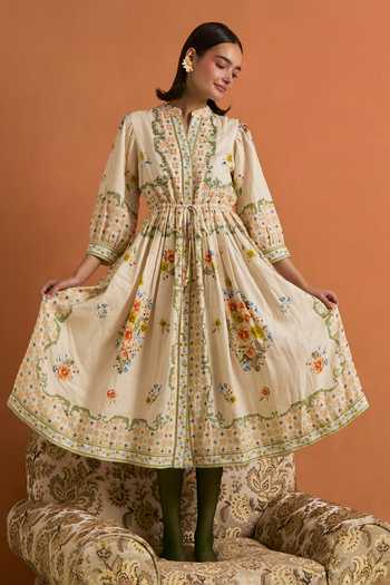POZRUH_Ivory Hemp Crew Neck Verdant String Midi Dress _Online_at_Aza_Fashions