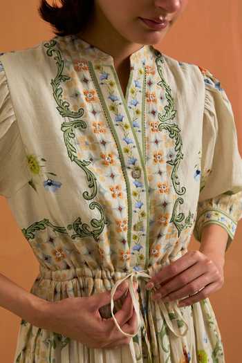 Buy_POZRUH_Ivory Hemp Crew Neck Verdant String Midi Dress _Online_at_Aza_Fashions