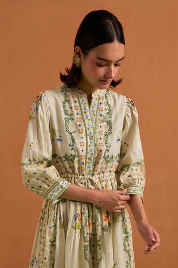 Shop_POZRUH_Ivory Hemp Crew Neck Verdant String Midi Dress _Online_at_Aza_Fashions