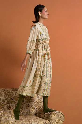 POZRUH_Ivory Hemp Crew Neck Verdant String Midi Dress _at_Aza_Fashions