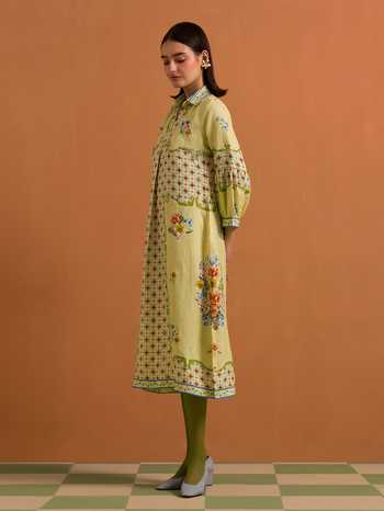 POZRUH_Yellow Hemp Collared Neck Verdant Embroidered Straight Shirt Dress _Online_at_Aza_Fashions