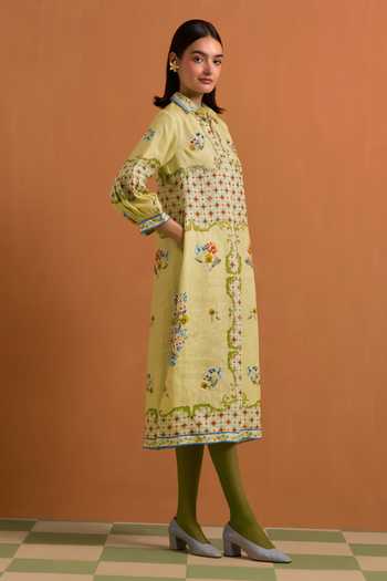 Buy_POZRUH_Yellow Hemp Collared Neck Verdant Embroidered Straight Shirt Dress _Online_at_Aza_Fashions