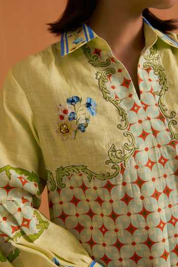 Shop_POZRUH_Yellow Hemp Collared Neck Verdant Embroidered Straight Shirt Dress _Online_at_Aza_Fashions