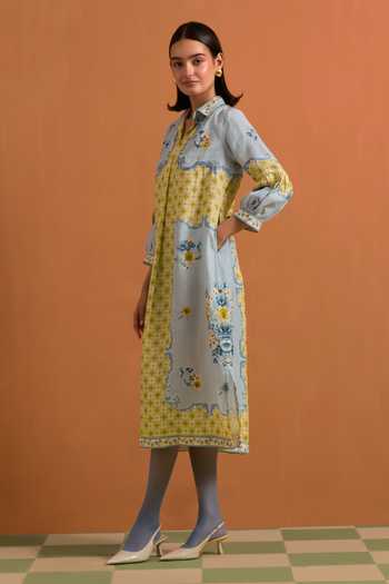 POZRUH_Sky Blue Hemp V-, Collared Verdant Straight Embroidered Shirt Dress _Online_at_Aza_Fashions