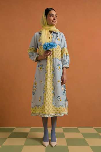 Buy_POZRUH_Sky Blue Hemp V-, Collared Verdant Straight Embroidered Shirt Dress _Online_at_Aza_Fashions