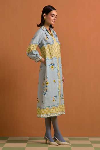 Shop_POZRUH_Sky Blue Hemp V-, Collared Verdant Straight Embroidered Shirt Dress _Online_at_Aza_Fashions