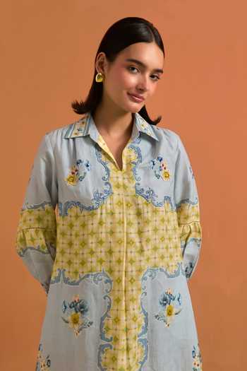 POZRUH_Sky Blue Hemp V-, Collared Verdant Straight Embroidered Shirt Dress _at_Aza_Fashions