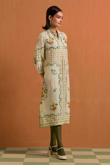 POZRUH_Ivory Hemp Collared Neck Verdant Embroidered Shirt Dress _Online_at_Aza_Fashions