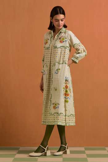 Buy_POZRUH_Ivory Hemp Collared Neck Verdant Embroidered Shirt Dress _Online_at_Aza_Fashions