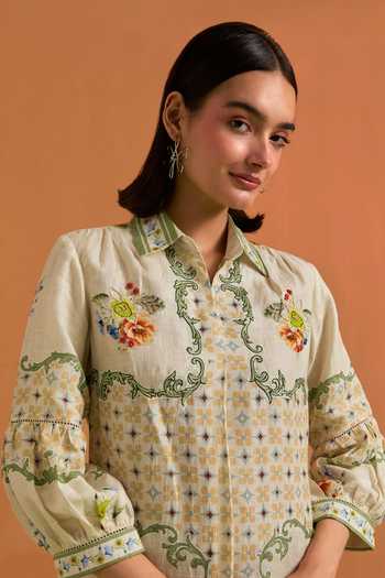 Shop_POZRUH_Ivory Hemp Collared Neck Verdant Embroidered Shirt Dress _Online_at_Aza_Fashions